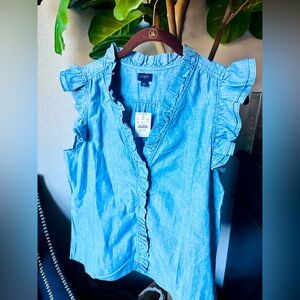 J Crew Womens Size Med Chambray Sleeveless Ruffled V Neck Blouse NWT